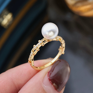 9mm圆扁 指环戒托指圈配6 DIY珍珠配件 S925纯银环扣冠戒指空托