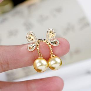 12mm圆滴 珍珠耳饰耳环耳坠9 DIY配件 S925纯银蝴蝶珍珠耳钉空托