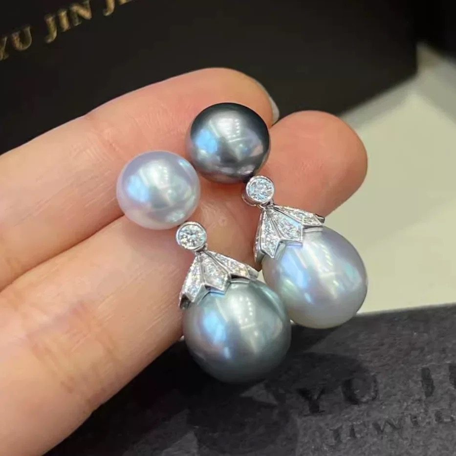 DIY配件 S925纯银时尚双珠款耳钉空托 珍珠耳饰耳坠托8-12mm圆滴