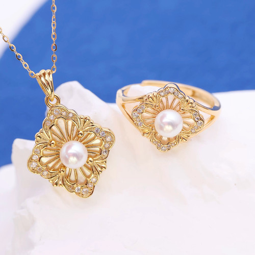 DIY配件 S925纯银贝壳蕾丝吊坠戒指套装空托  项坠指圈4-7mm圆扁