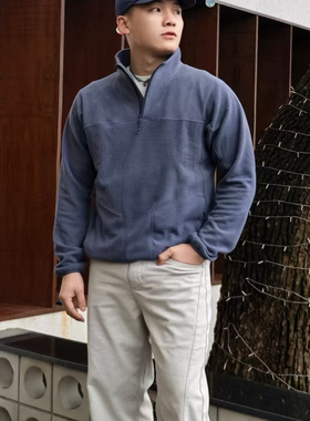 SOS春秋立领小方格半拉链卫衣多片裁剪拼接户外休闲长袖套头衫男