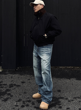 SOS立体猫须蜂窝水洗做旧牛仔裤直筒百搭宽松A字复古做旧蓝牛长裤