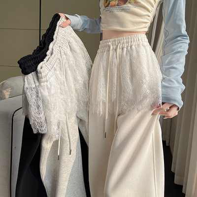 尚构芭蕾蕾丝花边拼接阔腿裤女春季新款两穿辣妹直筒百搭休闲卫裤