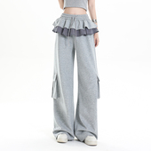 新款 阔腿裤 韩版 假两件休闲裤 2025夏季 风卫裤 花边拼接显瘦长裤 工装