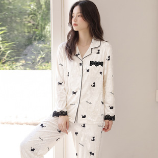 尚构秋冬季金钻绒睡衣女长袖长裤两件套小猫咪印花保暖丝绒家居服