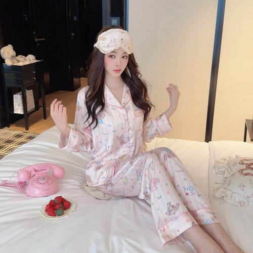 尚构睡衣女秋新款少女冰丝长袖长裤卡通可爱粉条纹家居服开衫套装