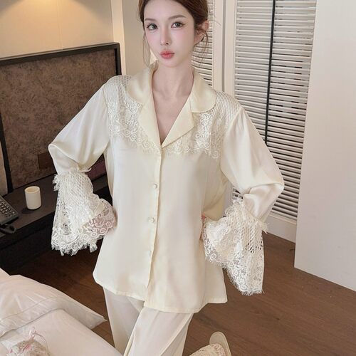 尚构高级感蕾丝花边冰丝睡衣女开衫喇叭袖套装韩系少女家居服新款