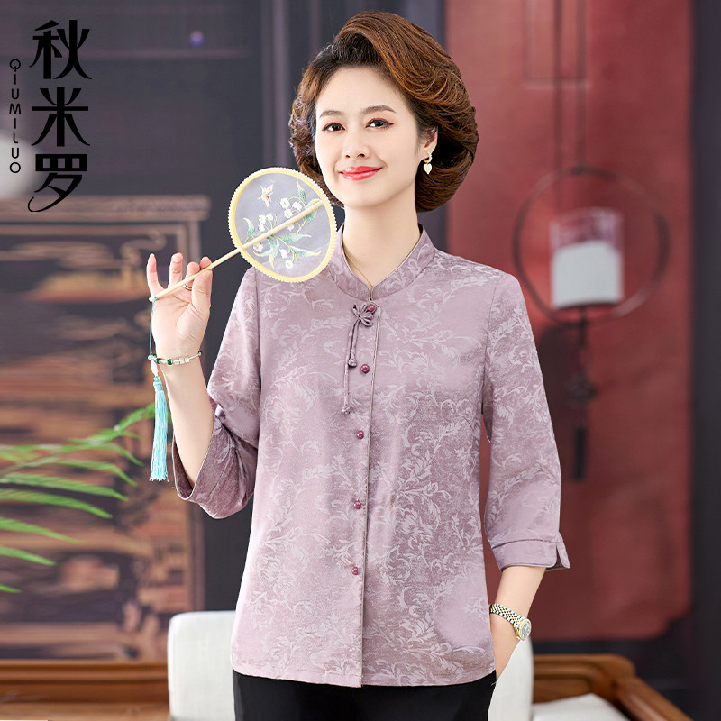 妈妈夏装新中式国风雪纺小衫2025新款中老年人女阔太太春秋款衬衫