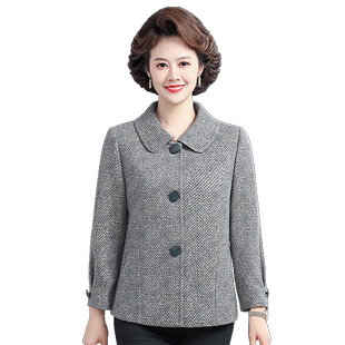 春装新款妈妈秋装毛呢外套短款洋气50岁中老年女秋冬翻领呢子上衣