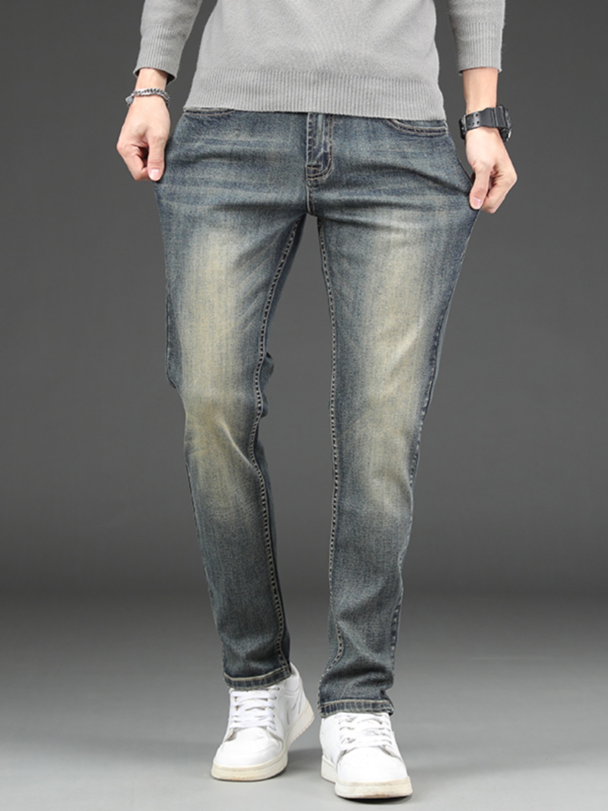春秋怀旧韩版时尚修身小直筒牛仔裤男款弹力复古百搭做旧休闲inu.