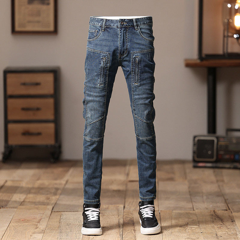 2026年春秋新款牛仔长裤男士拼接小脚裤修身弹力蓝色青年休闲长裤