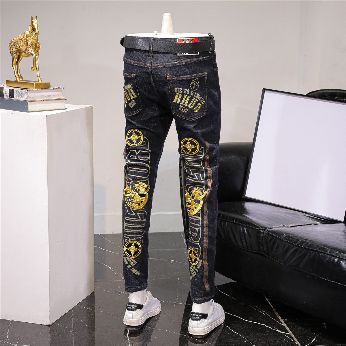 春秋欧美印花黑色时尚牛仔裤男