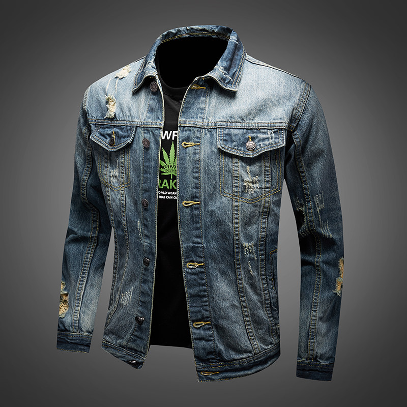 秋冬新款破洞牛仔外套男韩版潮流弹力男外穿上衣怀旧修身夹克复古