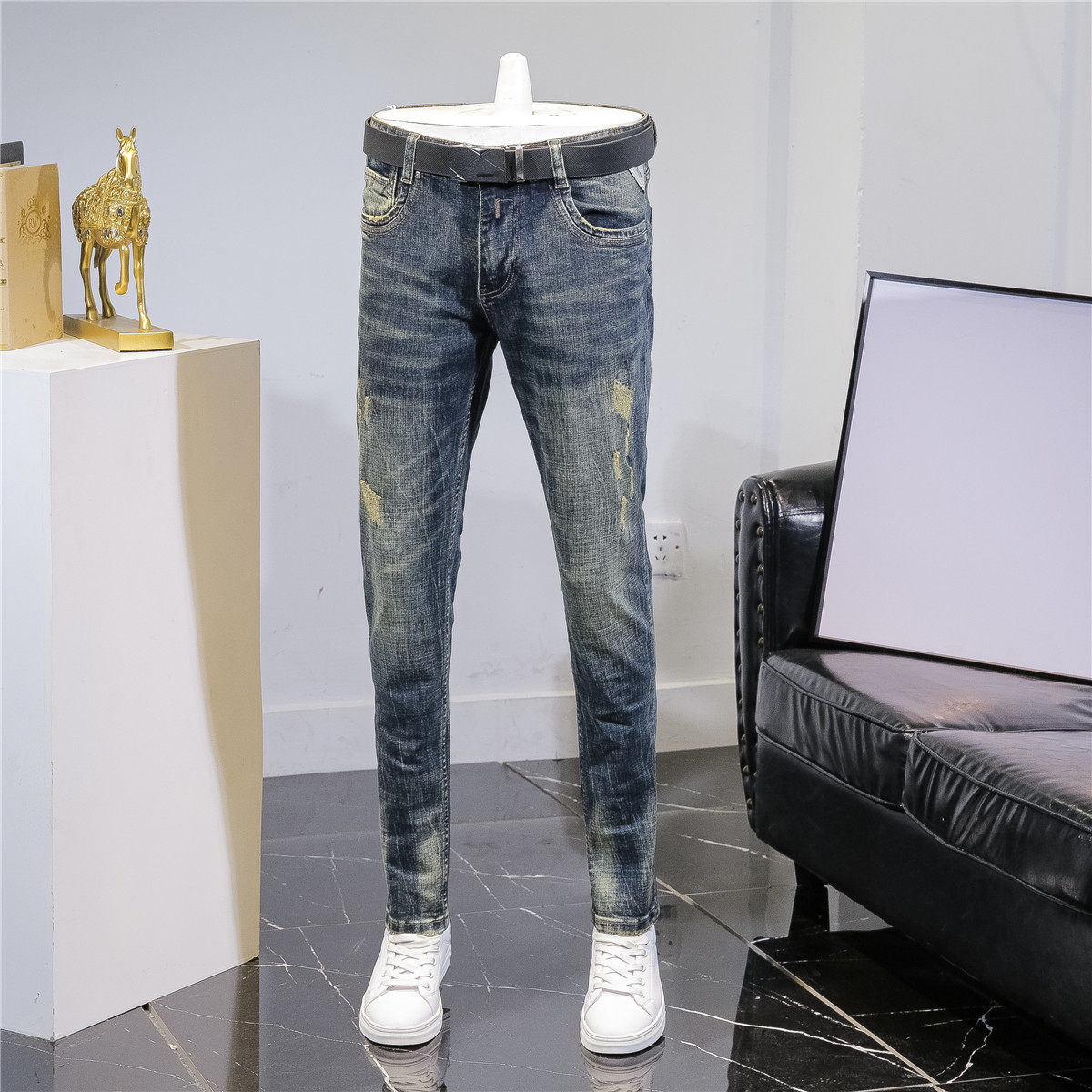 欧美修身牛仔裤男春秋时尚修身小直筒长裤子休闲夏复古刮烂怀旧潮