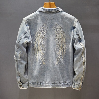 浅色翅膀刺绣破洞乞丐夹克上衣