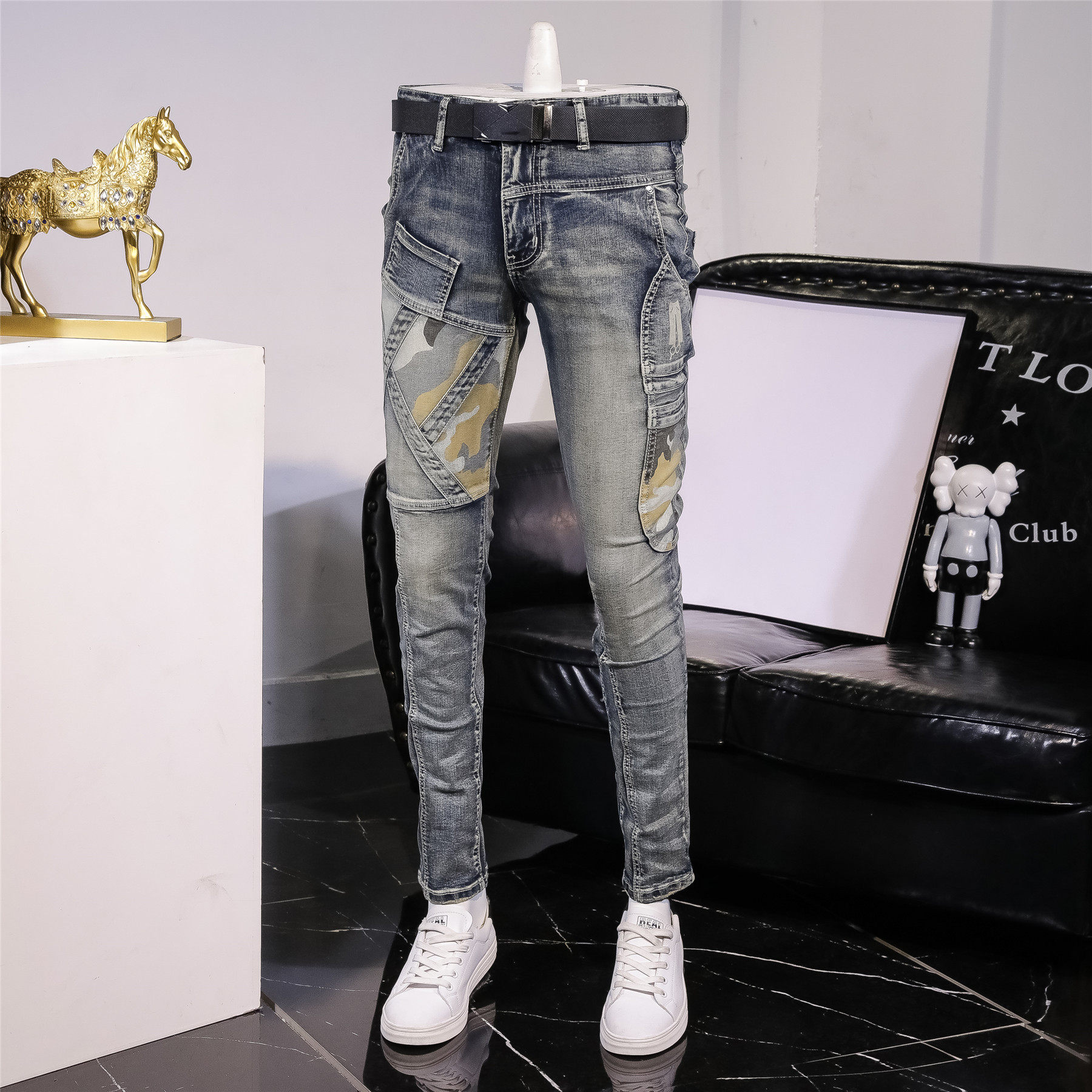 牛仔长裤男拼接机车做旧复古