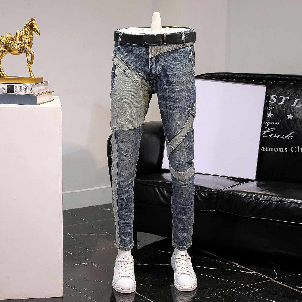 2026年春秋复古牛仔裤男潮牌修身小脚弹力怀旧青年拼接个性长裤子