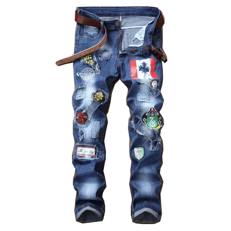 欧美秋冬印花牛仔裤男个性潮流