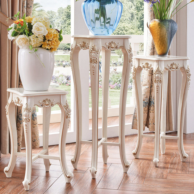 欧式全实木美式花架置物架雕花落地高脚花盆架花台新古典象牙白色