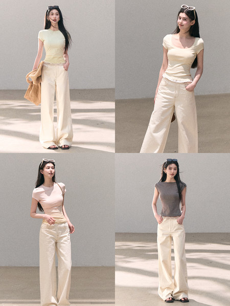 Four photos of a model wearing a cream fitted short-sleeve top with wide-leg pants