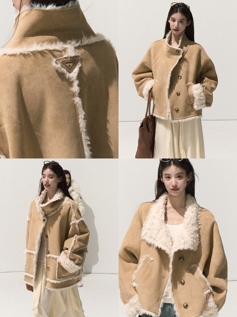 Model wearing a tan shearling-lined jacket with white fur trim