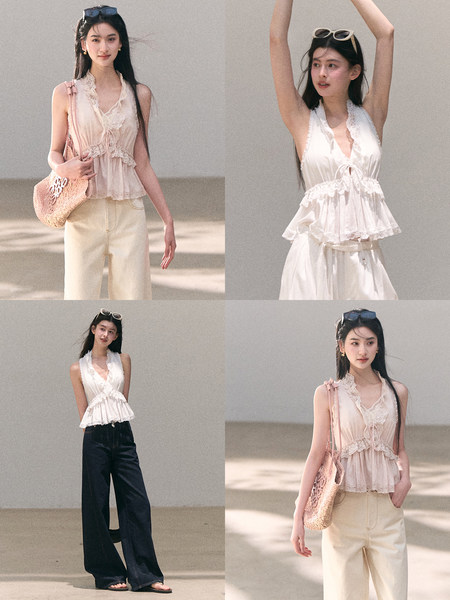 Collage of a model wearing a lace-trim sleeveless blouse in pink and white