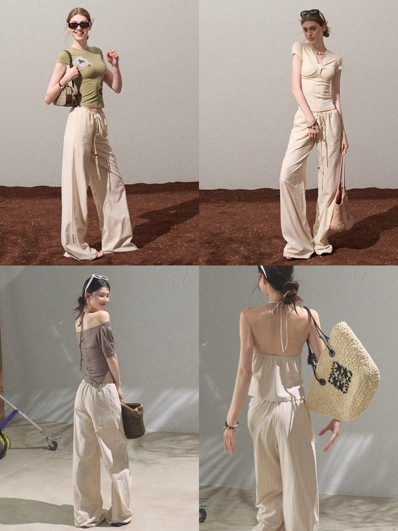 Four photos of women modeling casual summer outfits with wide-leg pants and fitted tops