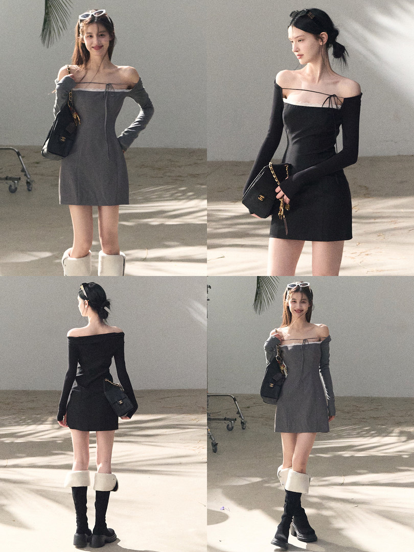Off-shoulder mini dress shown on a model in black and gray colorways