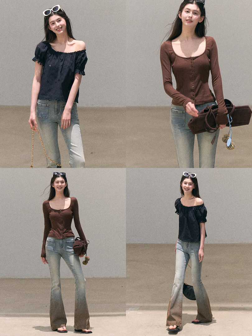 Collage of a model wearing fitted off-shoulder tops with flared jeans