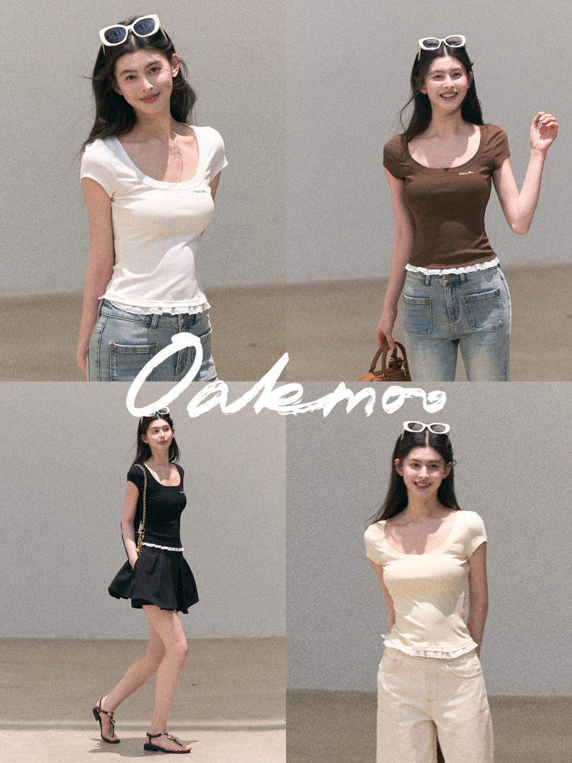 Model wearing fitted scoop-neck short-sleeve tops in multiple colors
