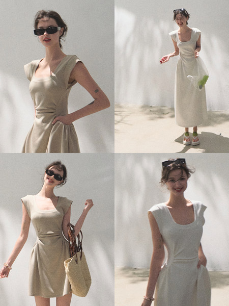 Model wearing a beige sleeveless midi dress in multiple poses