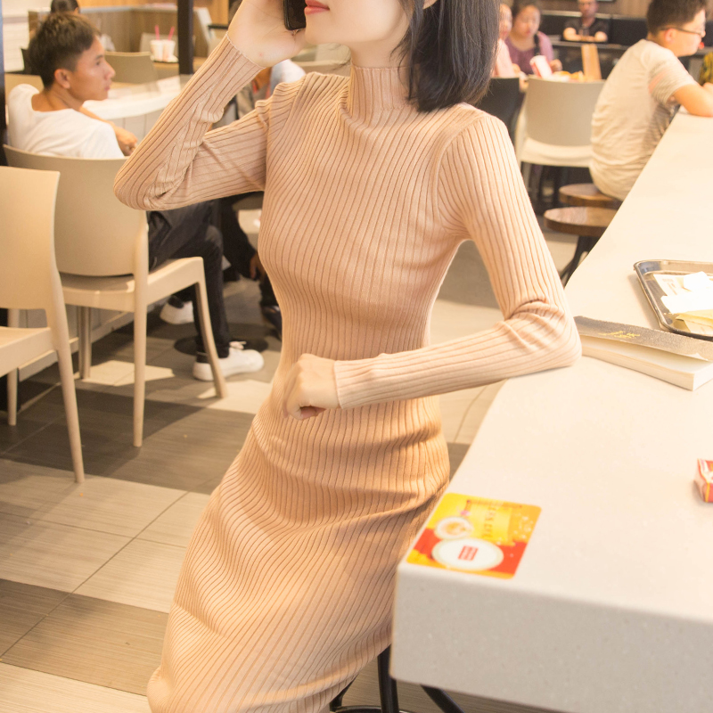 连衣裙针织衫女长裙中长款秋冬装2021J年新款高领打底裙修身毛衣