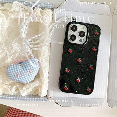ins少女水钻樱桃适用苹果16 17promx手机壳iPhone15软壳14小众13pro新款11 12mini滴胶壳xsmax防摔8p保护套女
