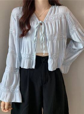 喇叭袖蓝色防晒衣衬衫外套女夏季