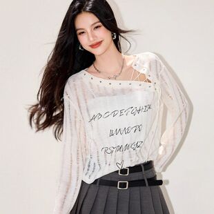 R5613个性 新款 小众设计感T恤长袖 跨境 英文手写字母微透视上衣秋季