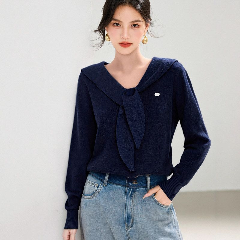 G6722藏青休闲上衣女小众设计感内搭秋冬新款套头长袖纯色跨境