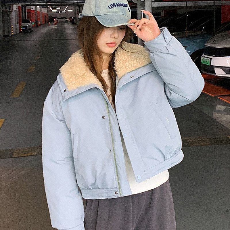 E2597冬季新款羊羔毛大翻领短款女棉服宽松派克服加厚保暖外套潮