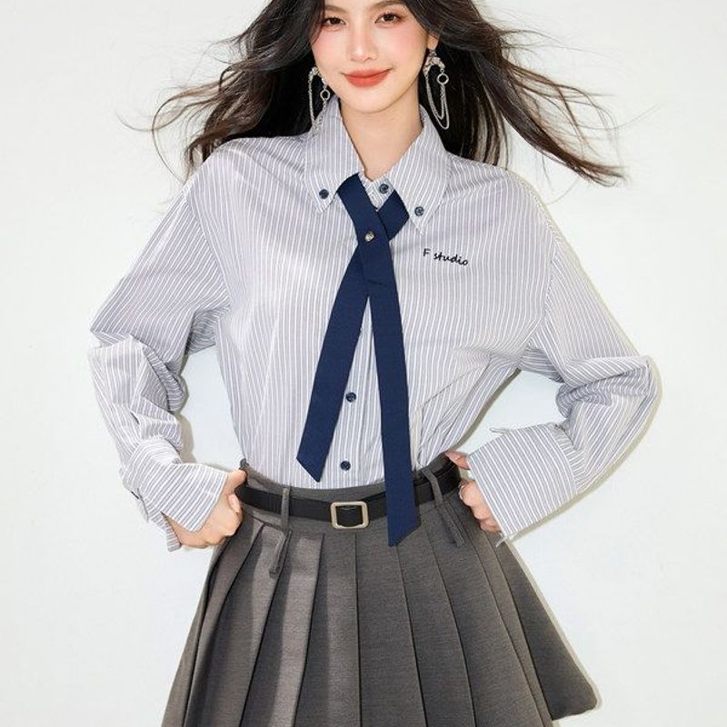 R5936主播条纹领带长袖衬衫女秋季新款宽松polo领休闲刺绣衬衣