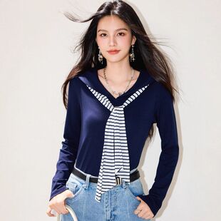 R5626条纹披肩针织内搭学生减龄少女上衣长袖秋季套头衫跨境日系