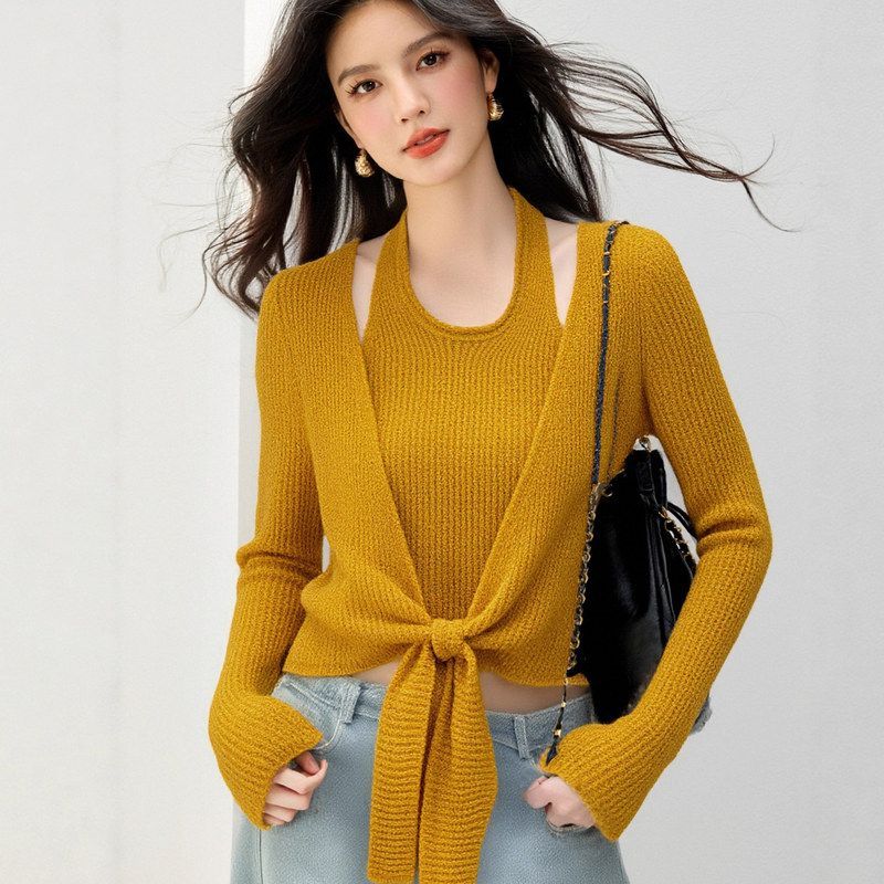 G6821纯色弹力针织衫毛衣秋冬2025新款软糯绵羊绒两件套上衣黄色