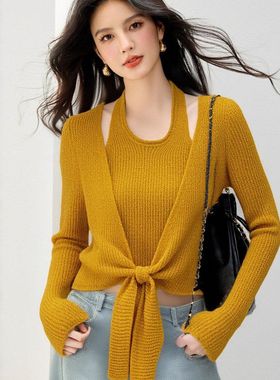 G6821纯色弹力针织衫毛衣秋冬2025新款软糯绵羊绒两件套上衣黄色