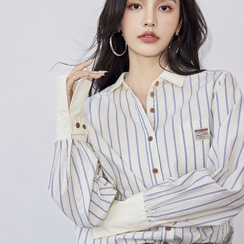 X8666秋新款跨境女装亚马逊肌理感棉质衬衣条纹舒适休闲衬衫长袖