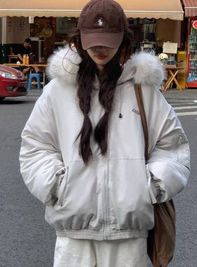 E5611情侣大毛领派克羽绒棉服女新款冬季保暖加厚工装棉袄外套潮
