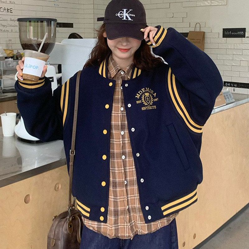 E9261街头毛呢棒球服新款棉服女短款学院宽松小个子美式棉衣外套