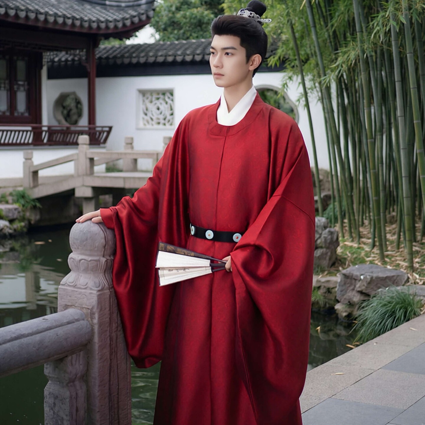 大明公子明制红色圆领袍男汉服官服长袍纯色暗纹中国风古装秋冬款