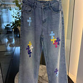 新款 BARRIFAIT 彩虹复古十字架贴皮宽松直筒牛仔裤