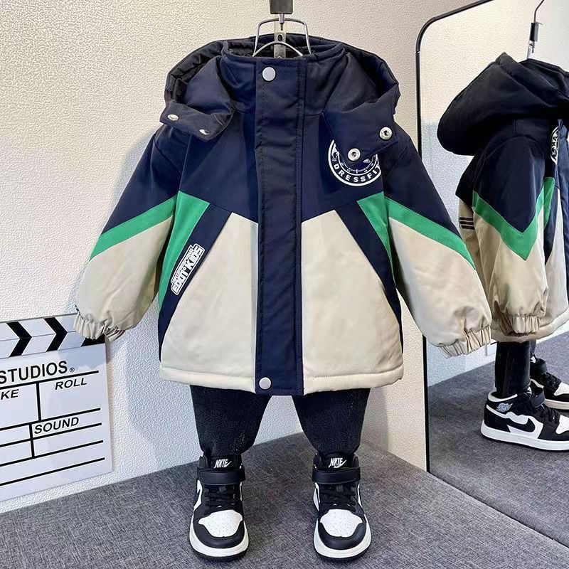 儿童装男童冲锋衣夹棉外套2024新款男孩加绒加厚棉服秋冬款派克服