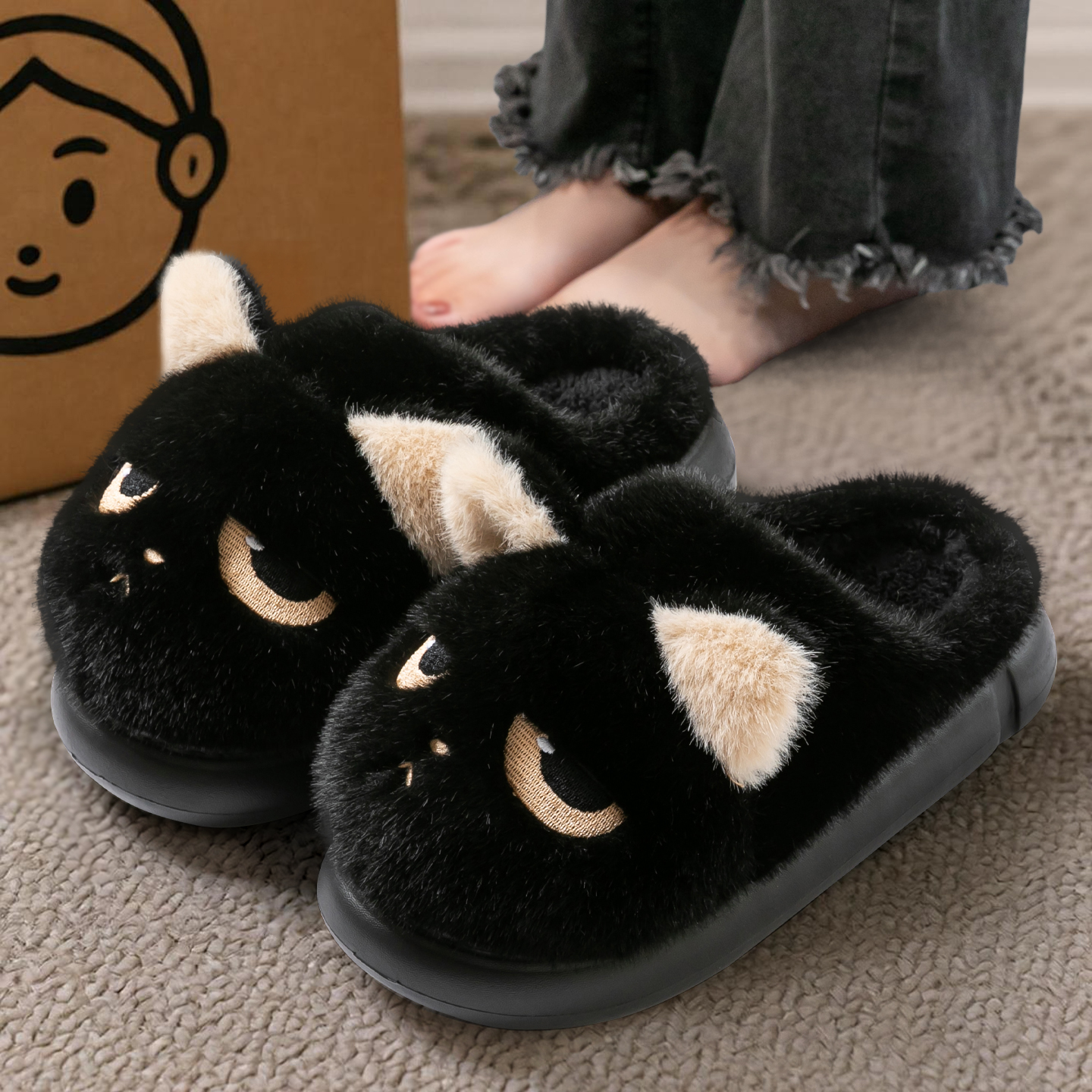 可爱小猫棉拖鞋女冬季居家防滑卡通加绒保暖舒适2025新款毛绒拖鞋