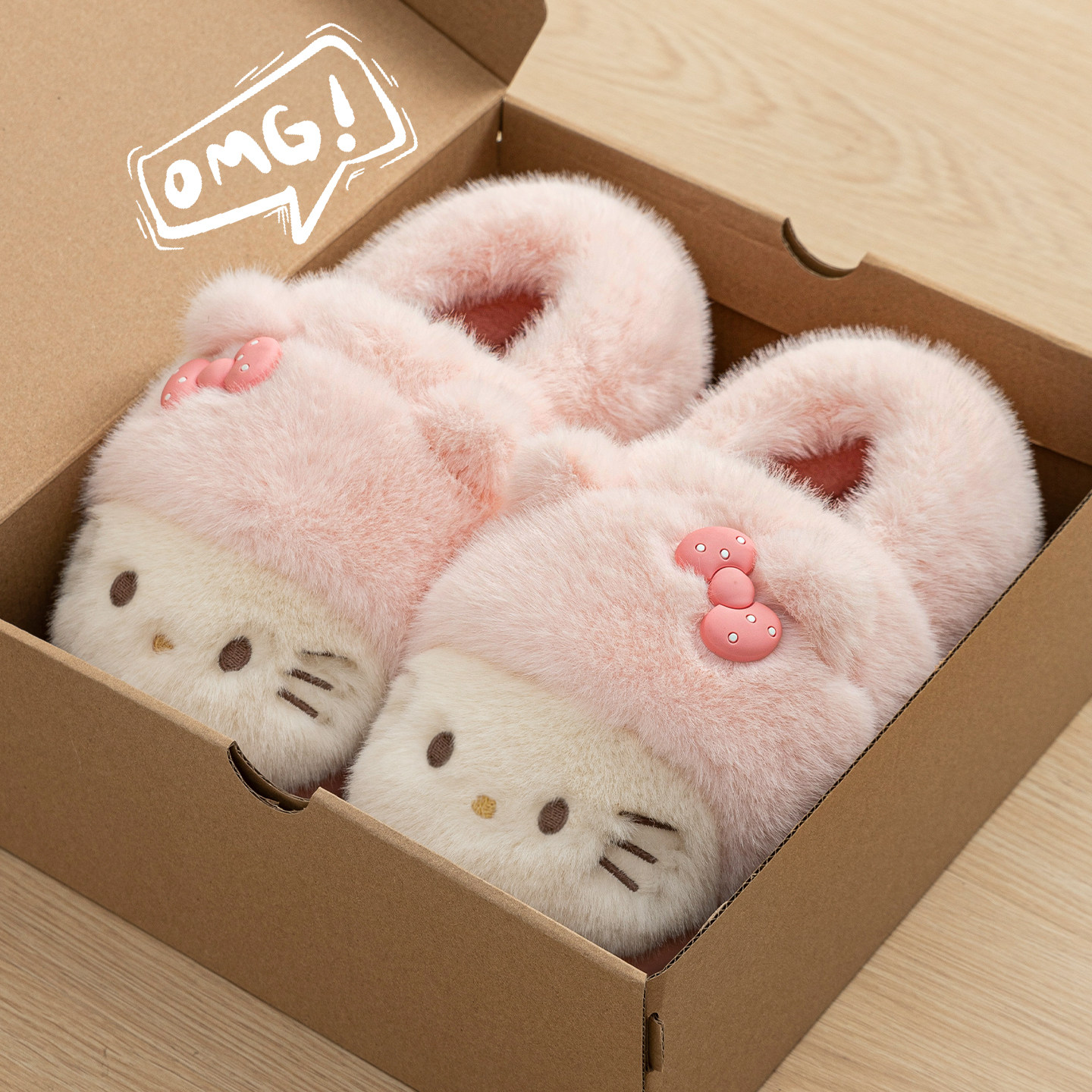 厚底保暖可爱kt猫毛绒棉鞋厚底女