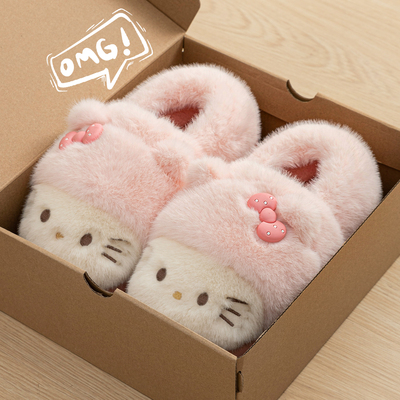 厚底保暖可爱kt猫毛绒棉鞋厚底女